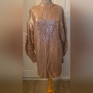 ZARA Rose Gold Gold Sequin Stretch Tunic Boat Neck Long Sleeve